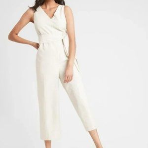 Banana Republic Cropped Summer Jumpsuit Belted V-neck Cotton Linen Size 2 Cream